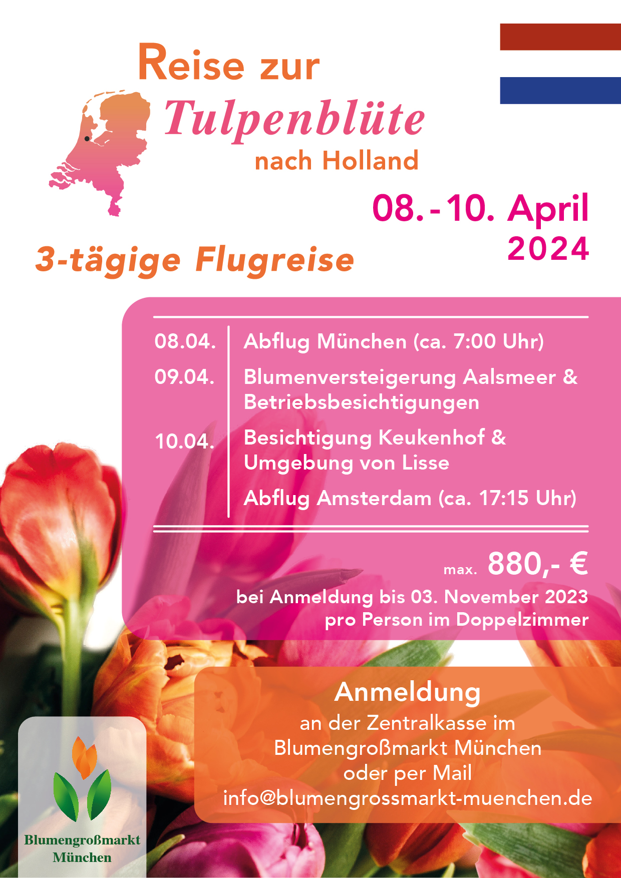  Reise zur Tulpenblüte nach Holland 2024 – Blumengrossmarkt München Illustration 